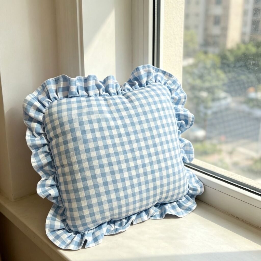 Blue Gingham Ruffle Cushion